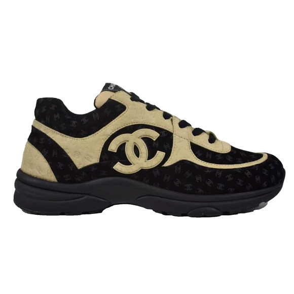 Chanel 22A Mens Black Beige Suede CC Logo Low Top Lace Up Trainer Sneaker 44 11 - Picture 1 of 9